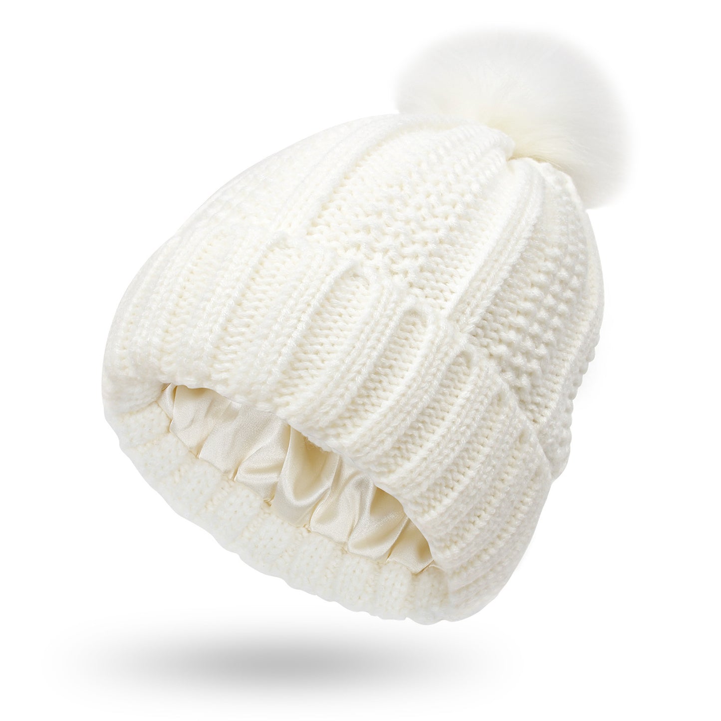 Satin Lined Beanie Hats with Faux Fur Pom Pom