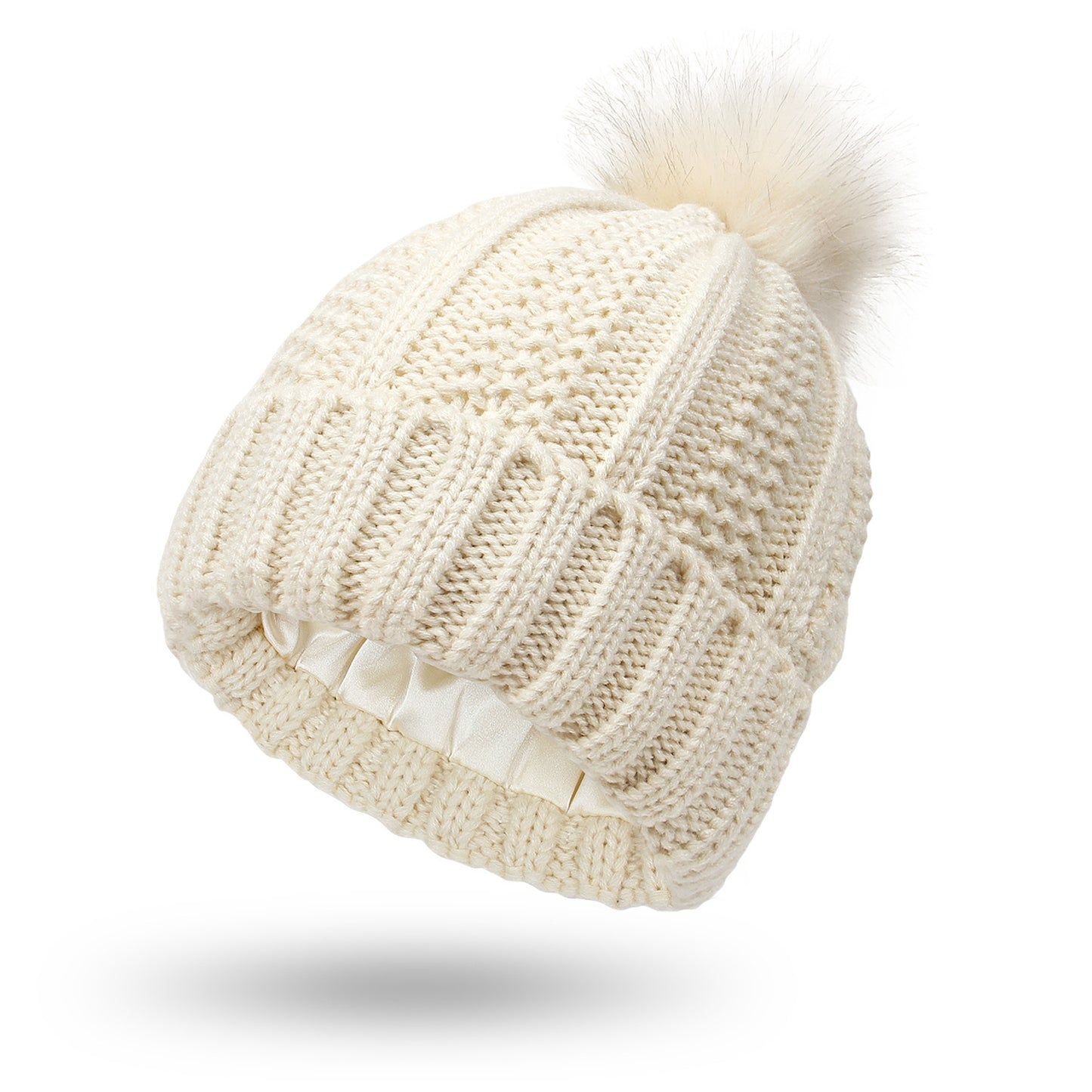 Satin Lined Beanie Hats with Faux Fur Pom Pom