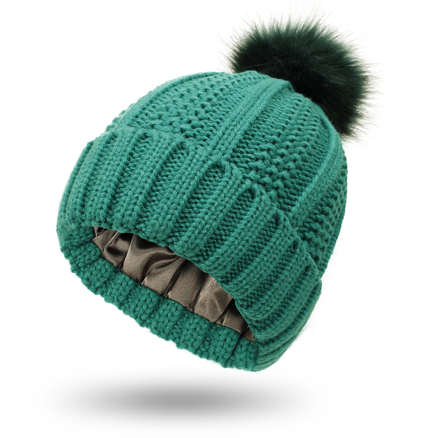 Satin Lined Beanie Hats with Faux Fur Pom Pom
