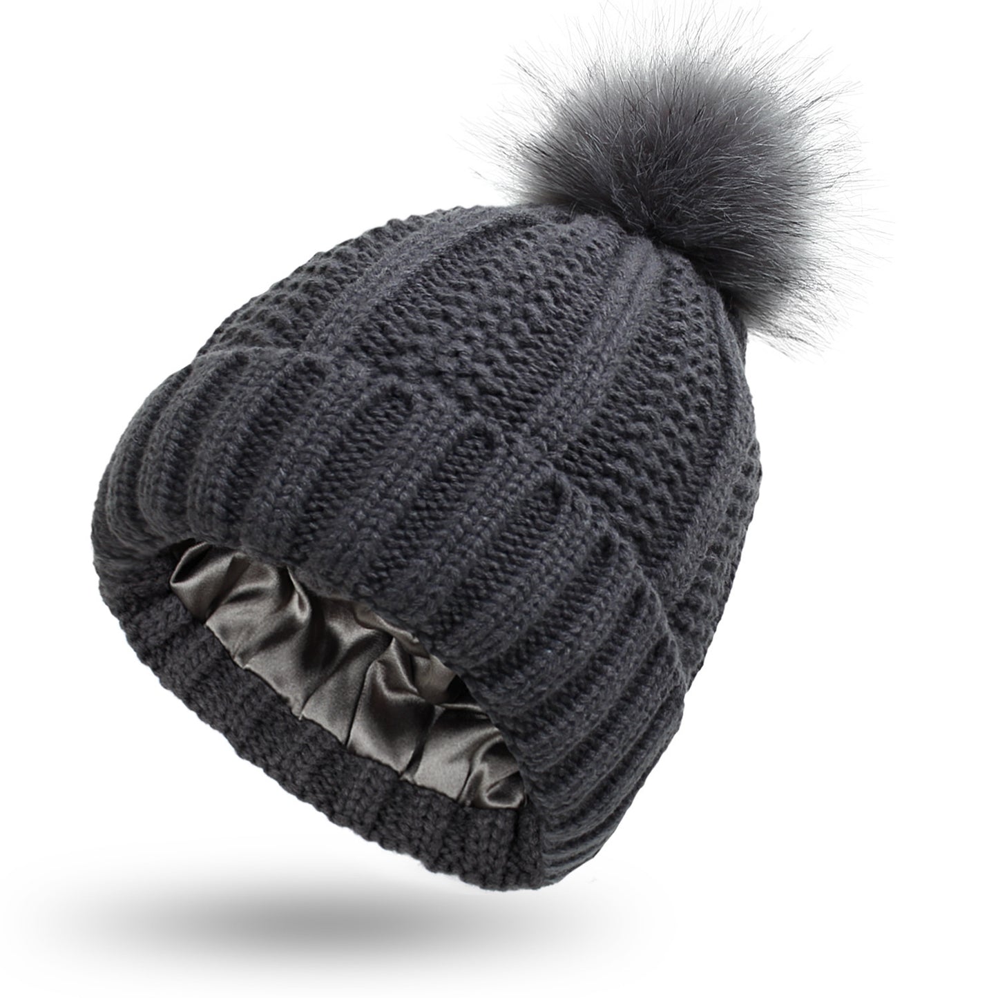 Satin Lined Beanie Hats with Faux Fur Pom Pom