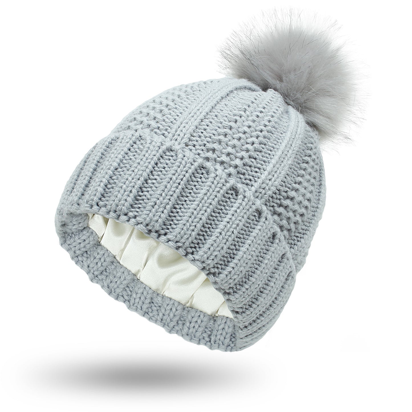 Satin Lined Beanie Hats with Faux Fur Pom Pom