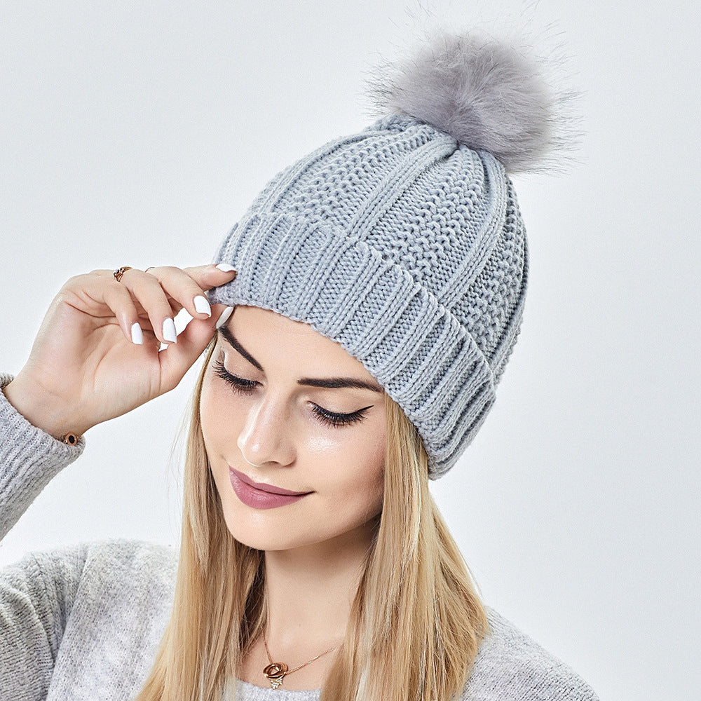 Satin Lined Beanie Hats with Faux Fur Pom Pom
