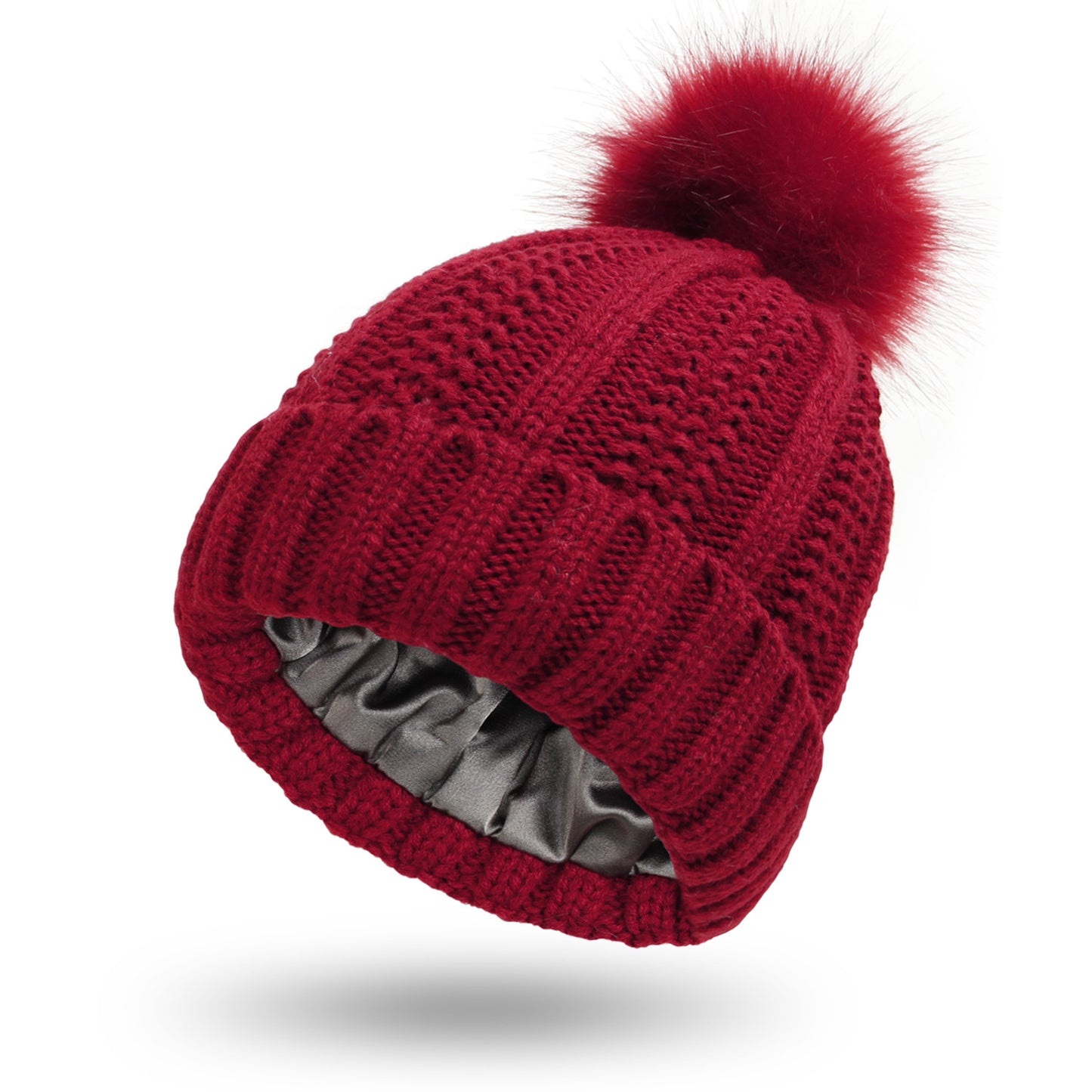 Satin Lined Beanie Hats with Faux Fur Pom Pom