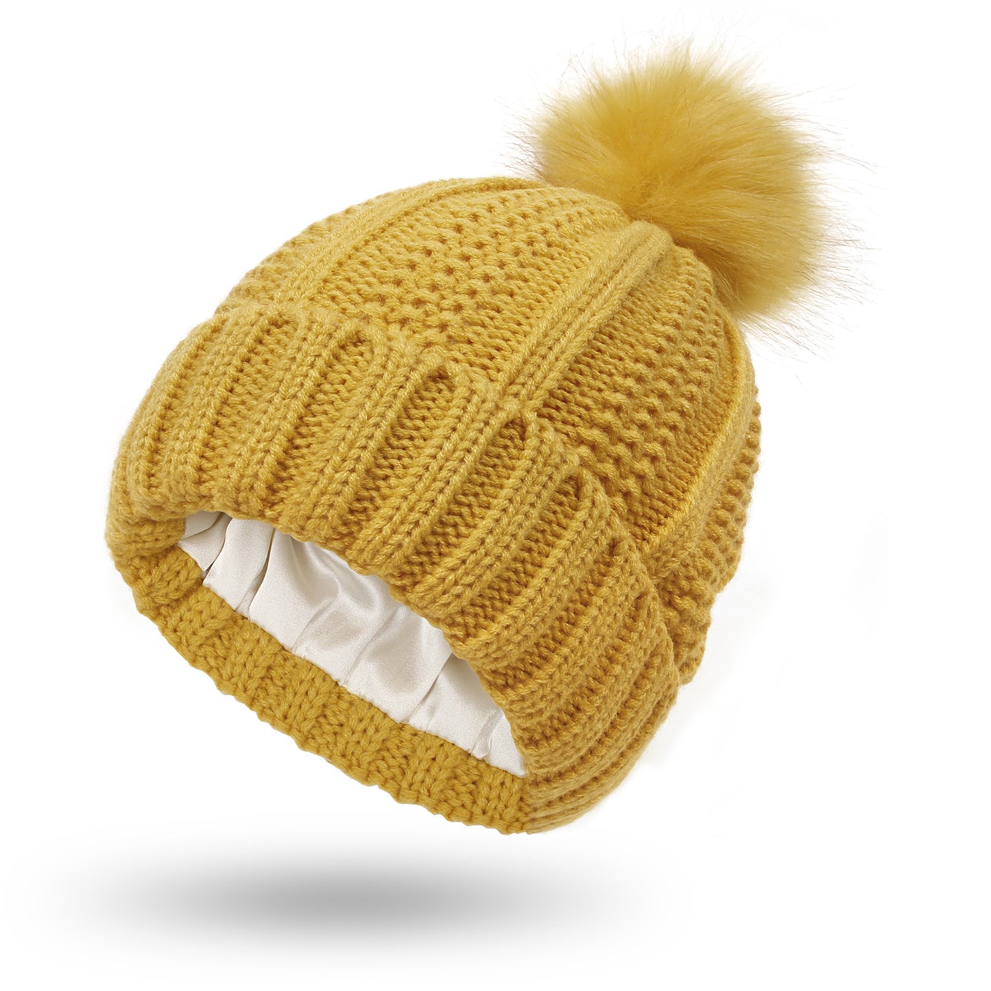 Satin Lined Beanie Hats with Faux Fur Pom Pom