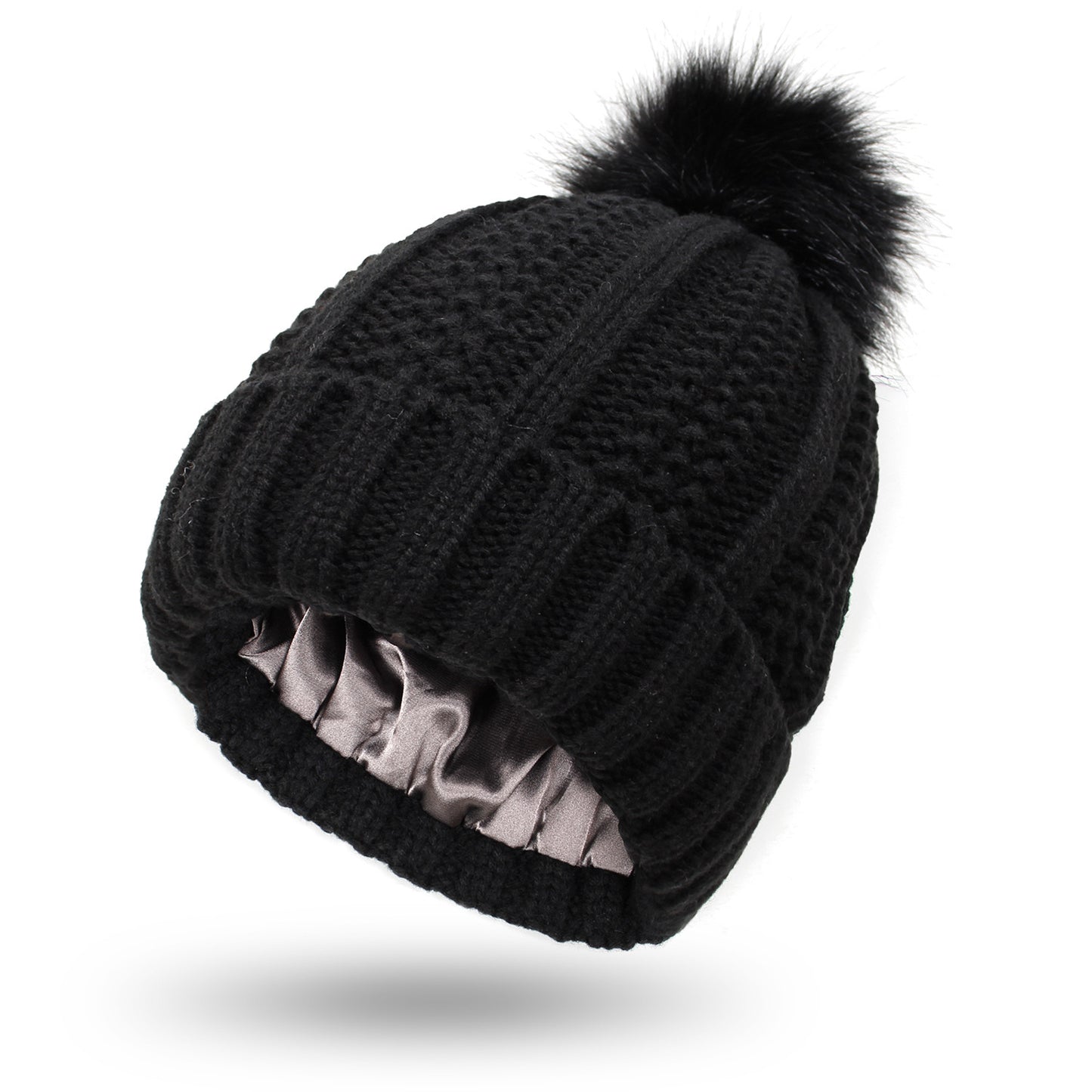Satin Lined Beanie Hats with Faux Fur Pom Pom
