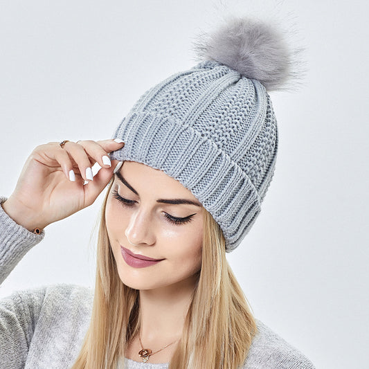 Satin Lined Beanie Hats with Faux Fur Pom Pom